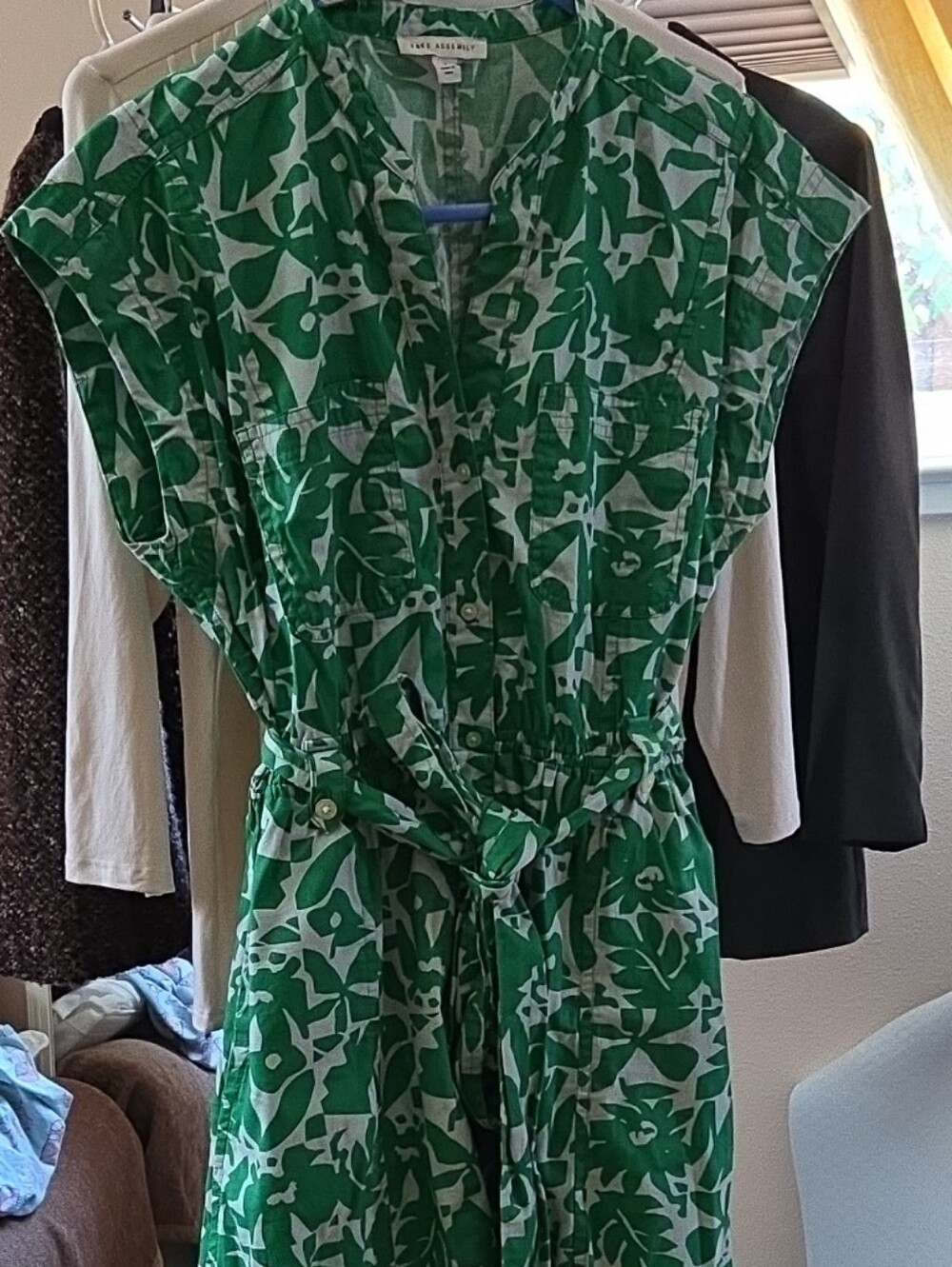 Free Assembly Cotton Green Pattern Tie-Waist Dress